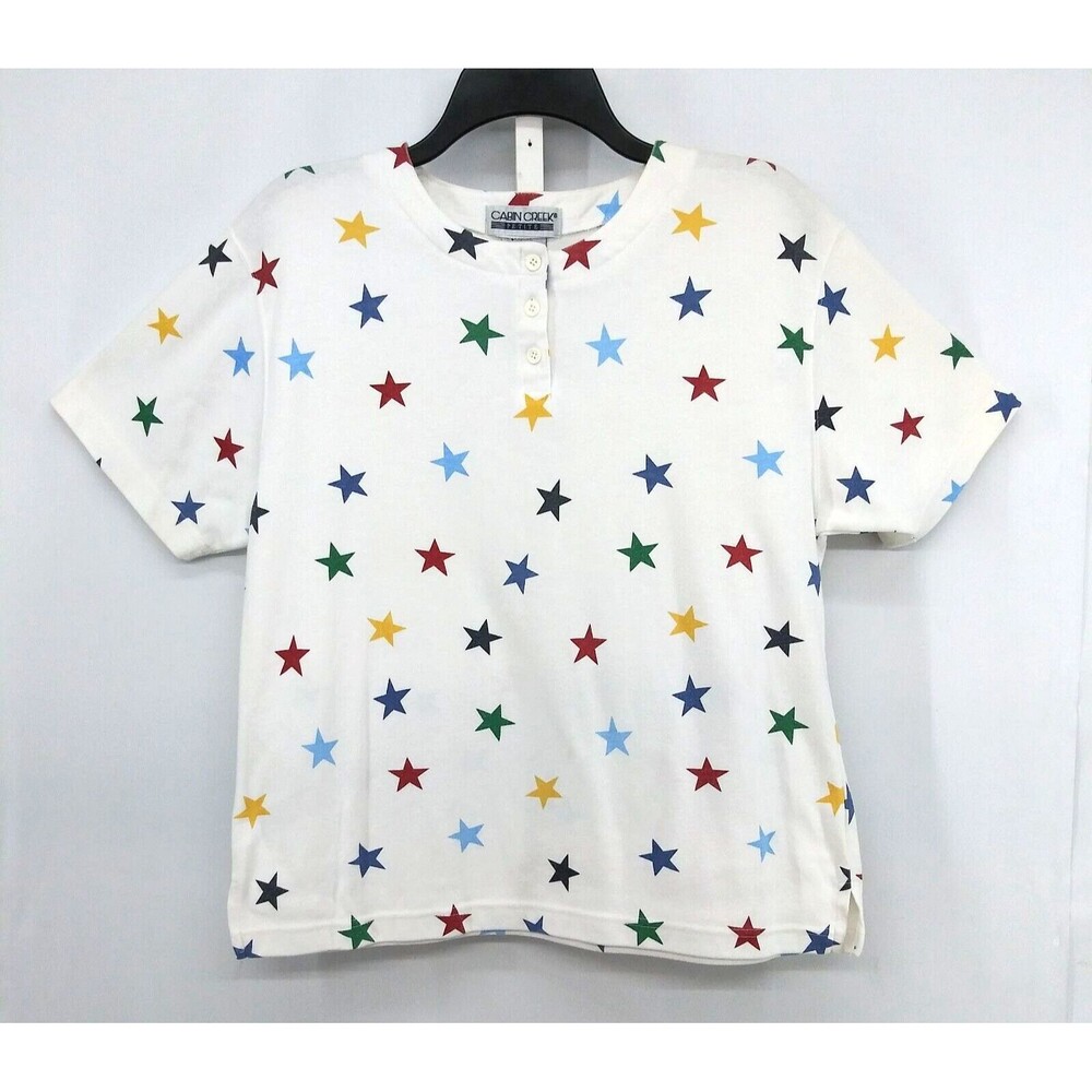 Cabin Creek Shirt Womens Size PM White Colorful Stars Short Sleeve Pullover Top